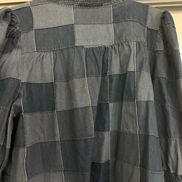 Denim Patchwork blouse with ruffle detail, poet puff-sleeves and high-neck. - Picture 7 of 7